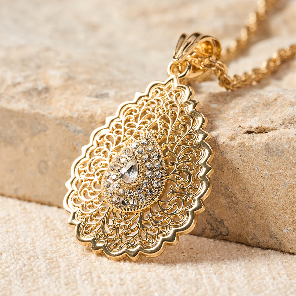 HilalHaven Palace Filigree Gem Zinc Alloy Necklace — Vintage Hollow‑Mesh Teardrop Pendant with Twisted Rope Chain - image 15