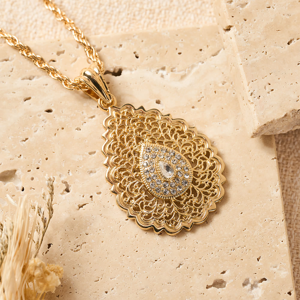HilalHaven Palace Filigree Gem Zinc Alloy Necklace — Vintage Hollow‑Mesh Teardrop Pendant with Twisted Rope Chain - image 17