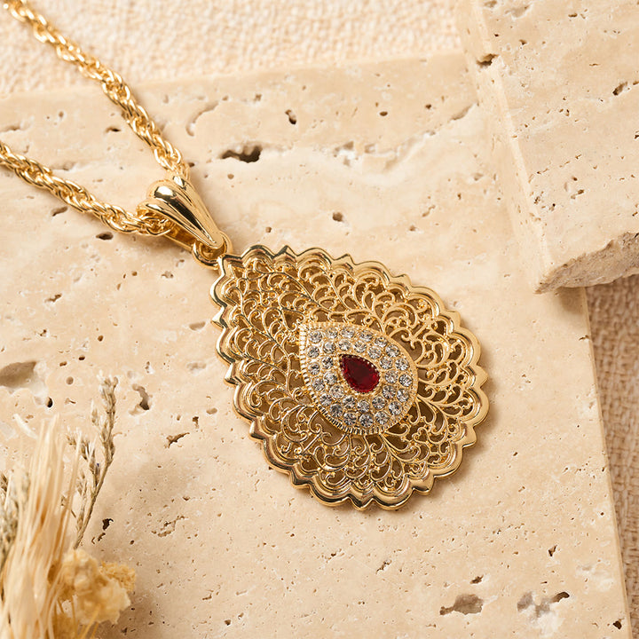 HilalHaven Palace Filigree Gem Zinc Alloy Necklace — Vintage Hollow‑Mesh Teardrop Pendant with Twisted Rope Chain - image 4