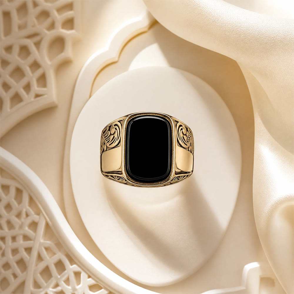 HilalHaven Onyx Crest Carved Pattern Alloy Signet Men&