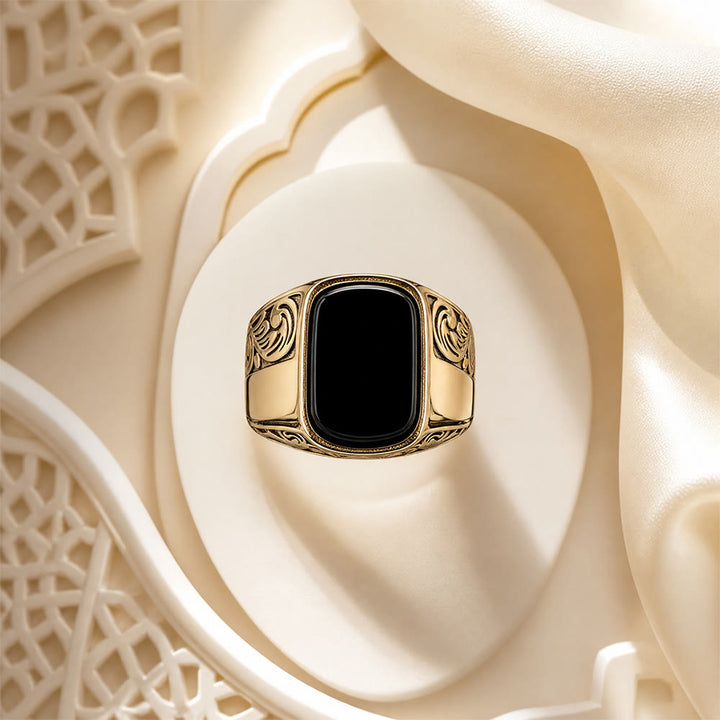 HilalHaven Onyx Crest Carved Pattern Alloy Signet Men&