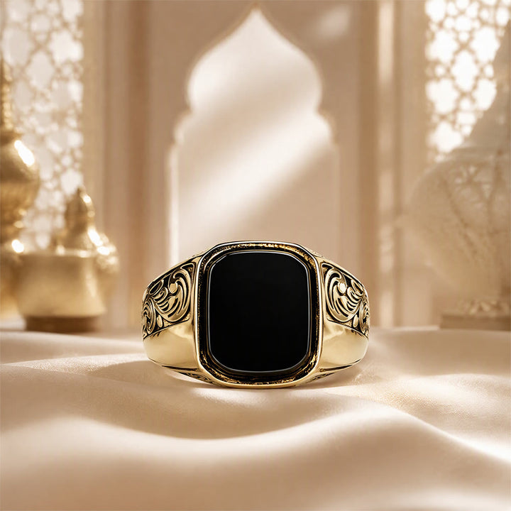HilalHaven Onyx Crest Carved Pattern Alloy Signet Men&