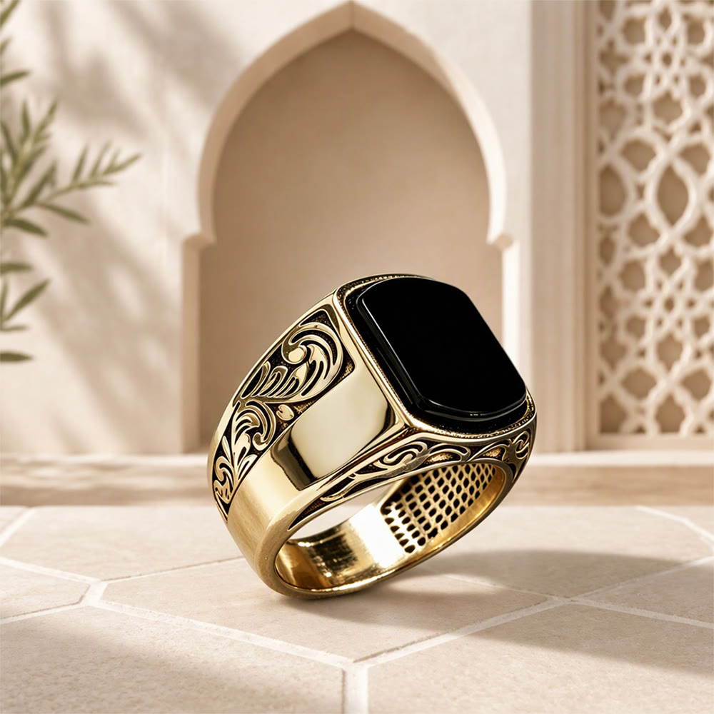 HilalHaven Onyx Crest Carved Pattern Alloy Signet Men&