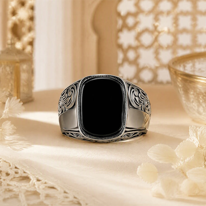 HilalHaven Onyx Crest Carved Pattern Alloy Signet Men&