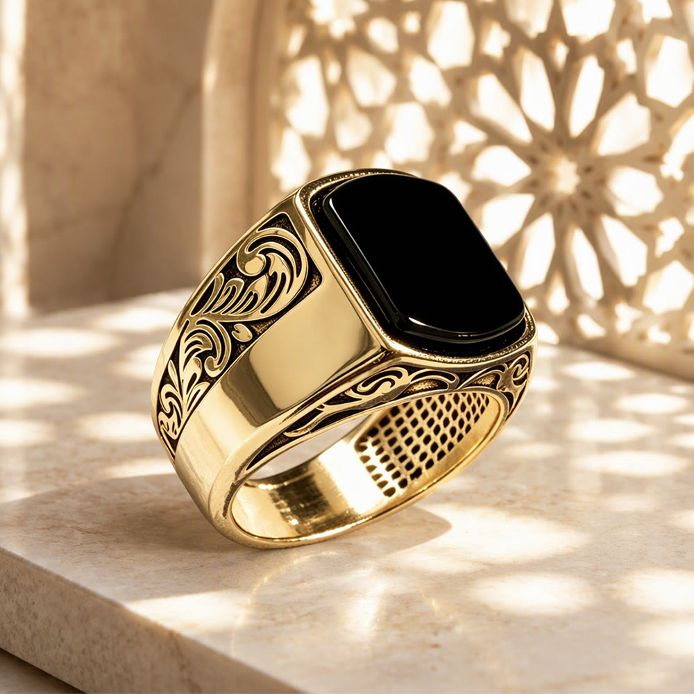 HilalHaven Onyx Crest Carved Pattern Alloy Signet Men&