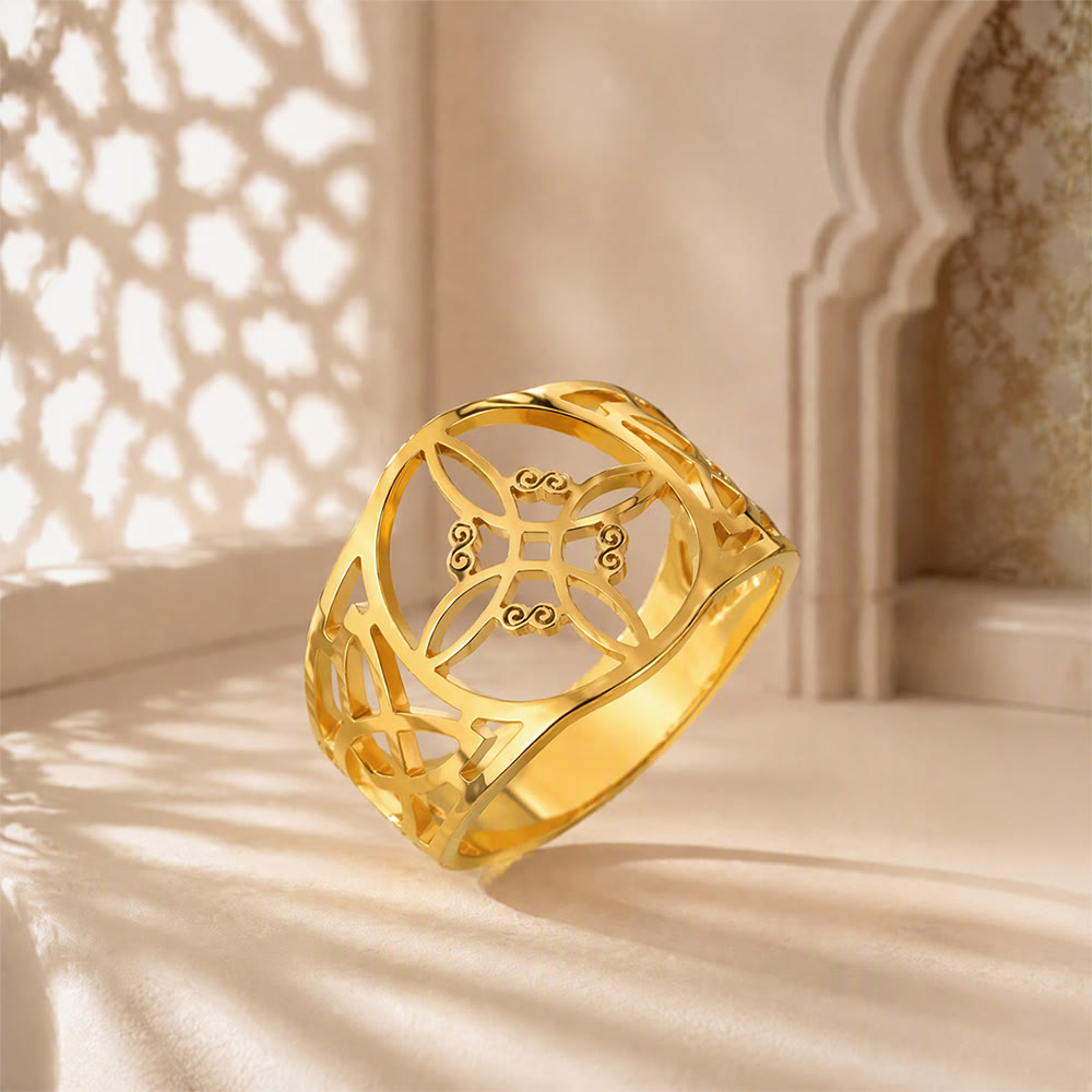 HilalHaven Lattice Bloom Hollow Geometric Stainless Steel Unisex Ring - Golden - US 11 - image 3