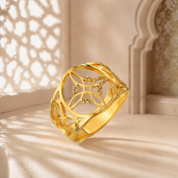 HilalHaven Lattice Bloom Hollow Geometric Stainless Steel Unisex Ring - Golden - US 11 - image 3