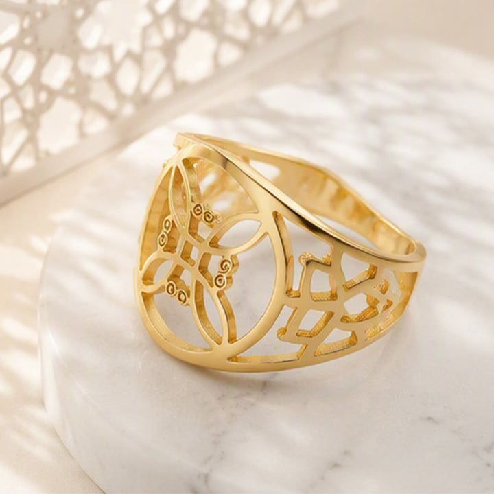 HilalHaven Lattice Bloom Hollow Geometric Stainless Steel Unisex Ring - image 2