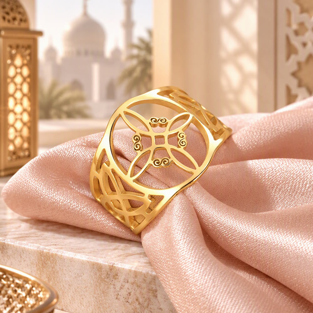 HilalHaven Lattice Bloom Hollow Geometric Stainless Steel Unisex Ring - image 4