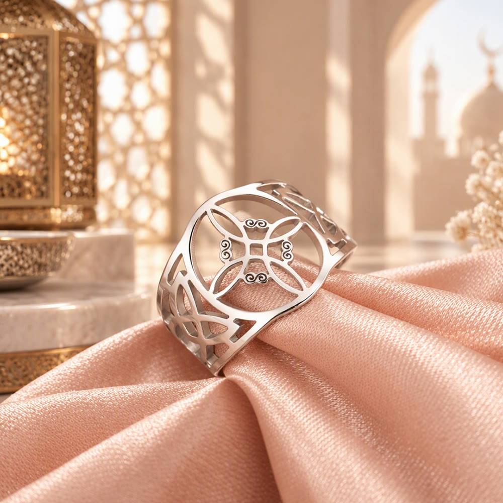 HilalHaven Lattice Bloom Hollow Geometric Stainless Steel Unisex Ring - image 7