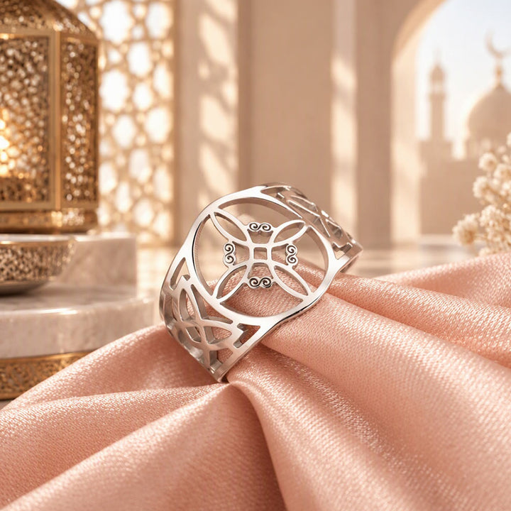 HilalHaven Lattice Bloom Hollow Geometric Stainless Steel Unisex Ring - image 7