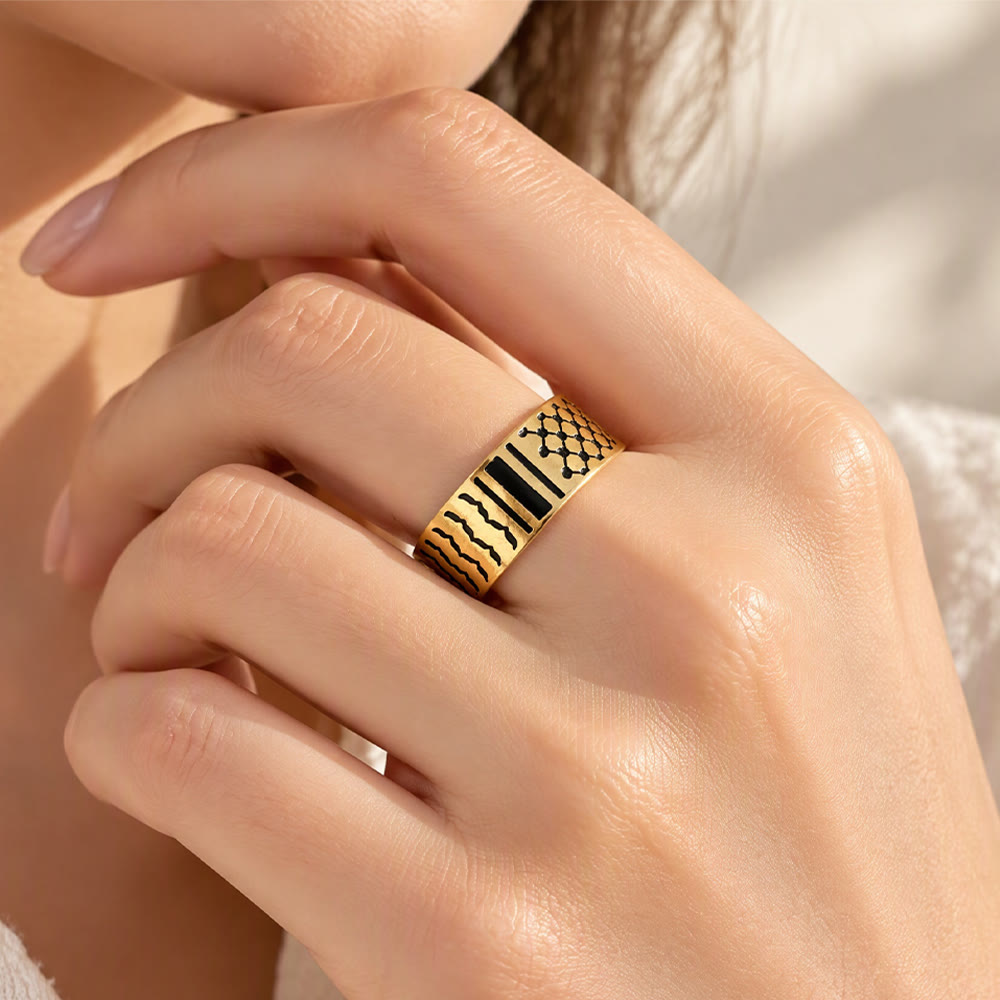 HilalHaven Geometric Rhythm Enamel Wide Open Cuff Ring - image 0