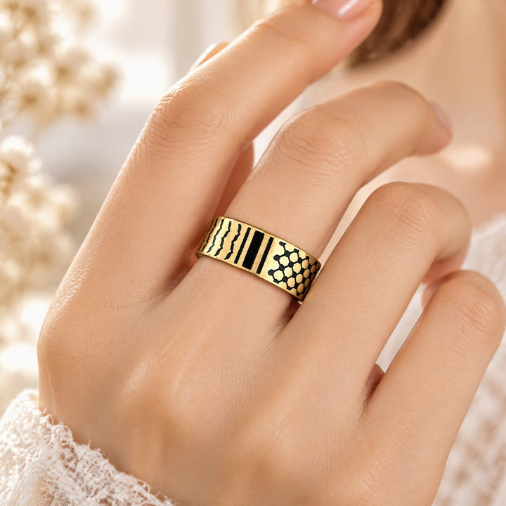 HilalHaven Geometric Rhythm Enamel Wide Open Cuff Ring - image 1