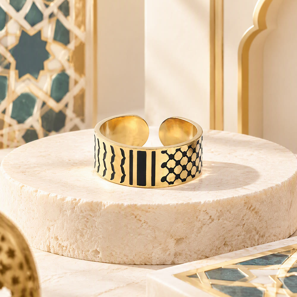 HilalHaven Geometric Rhythm Enamel Wide Open Cuff Ring - Golden - image 3
