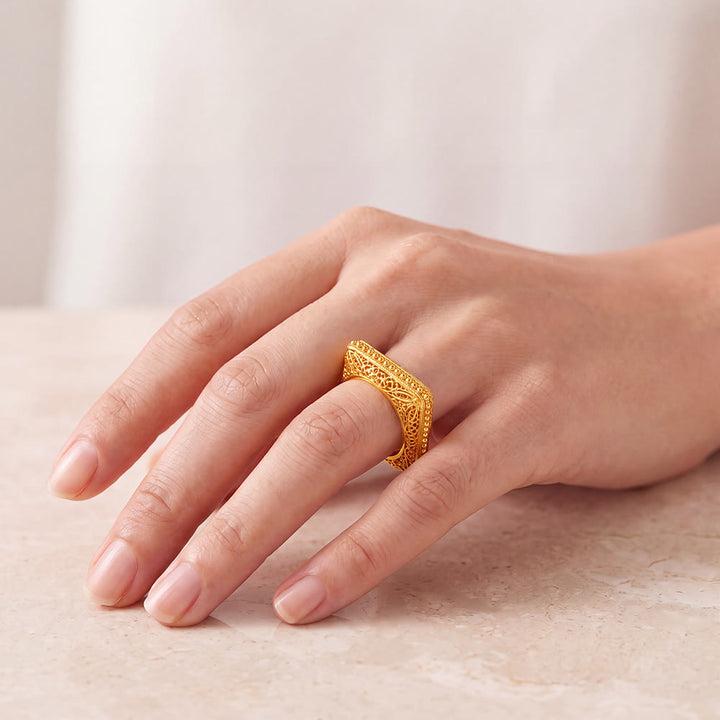 HilalHaven Filigree Square Gold Plated Bangle &amp; Ring Set - image 3