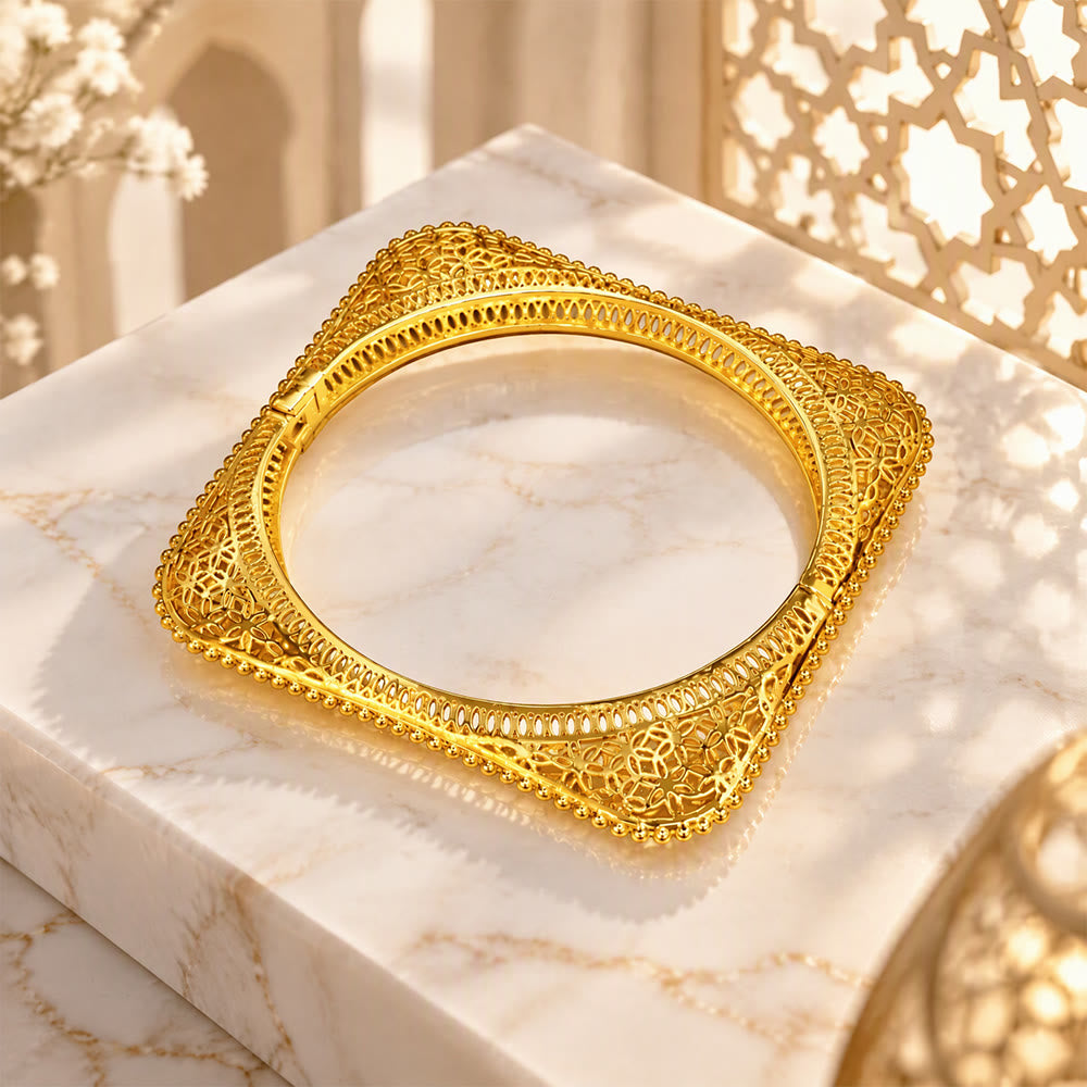 HilalHaven Filigree Square Gold Plated Bangle & Ring Set - Bracelet - image 1