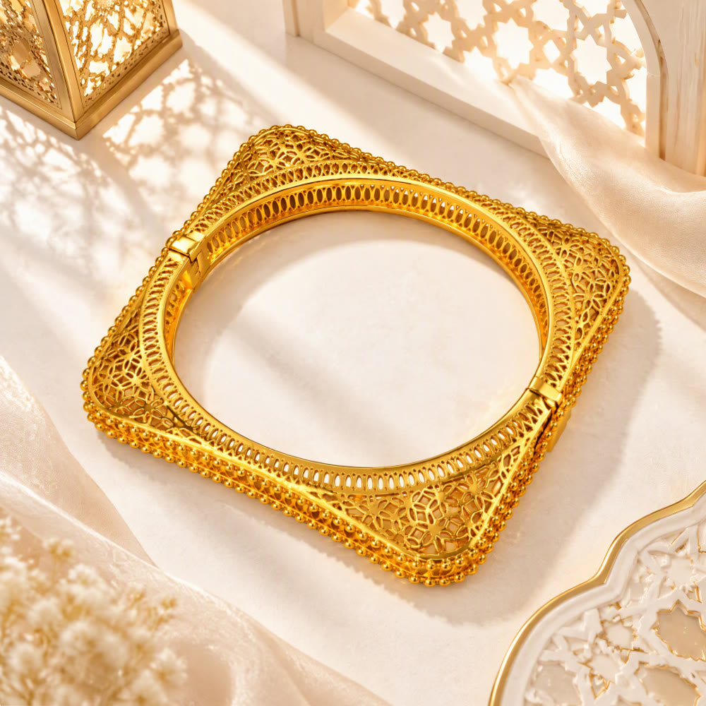 HilalHaven Filigree Square Gold Plated Bangle &amp; Ring Set - image 2