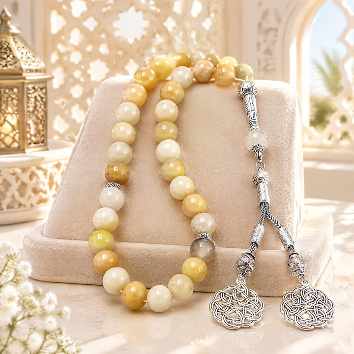 HilalHaven Amber Vein Yellow Agate 33 Beads Tasbih  - Yellow - image 2