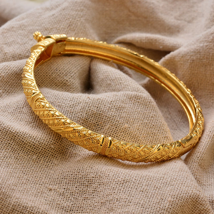 HilalHaven Ornate Legacy Ethnic Textured Gold Plated Hinged Bangle - Golden - image 3