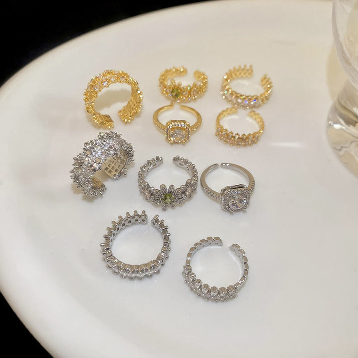 HilalHaven Dew Geometry Rhinestone Inlaid Alloy Open Ring Stack Set - image 14