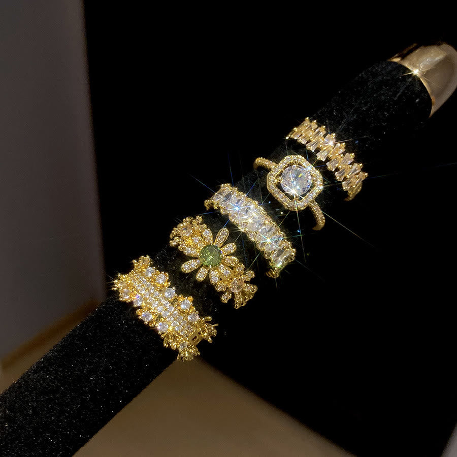 HilalHaven Dew Geometry Rhinestone Inlaid Alloy Open Ring Stack Set - Golden Set 5‑Piece Ring Set - image 11
