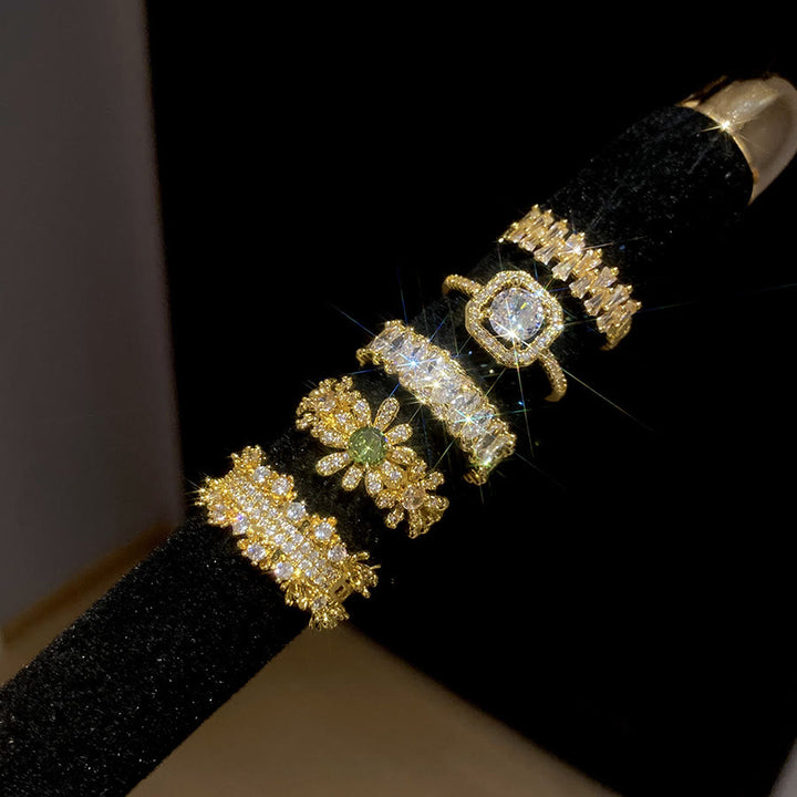 HilalHaven Dew Geometry Rhinestone Inlaid Alloy Open Ring Stack Set - Golden Set 5‑Piece Ring Set - image 11