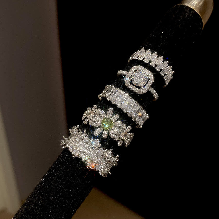 HilalHaven Dew Geometry Rhinestone Inlaid Alloy Open Ring Stack Set - Silver 5‑Piece Ring Set - image 4