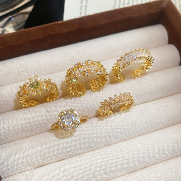 HilalHaven Dew Geometry Rhinestone Inlaid Alloy Open Ring Stack Set - image 12