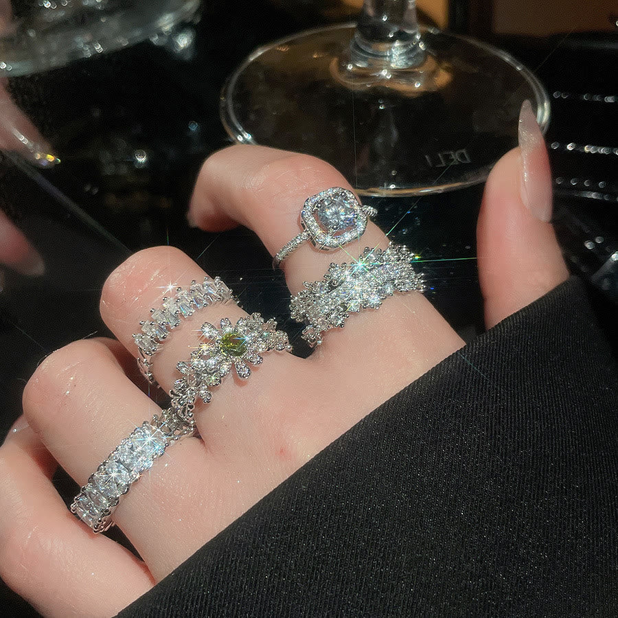 HilalHaven Dew Geometry Rhinestone Inlaid Alloy Open Ring Stack Set - image 3