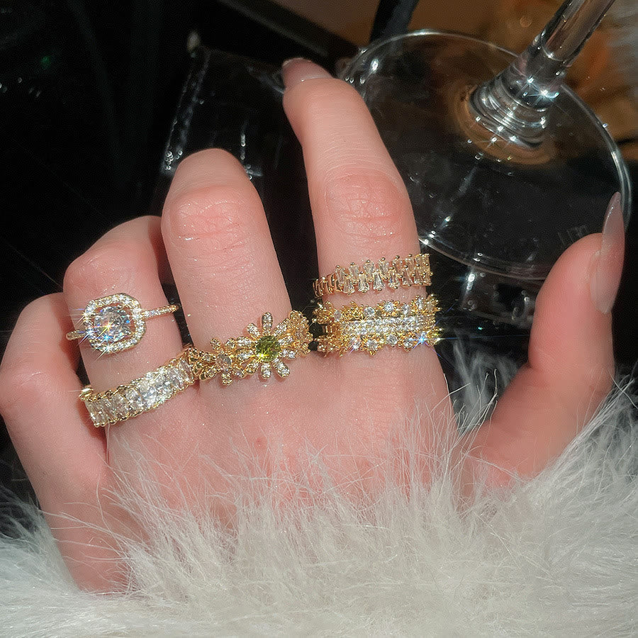 HilalHaven Dew Geometry Rhinestone Inlaid Alloy Open Ring Stack Set - image 8