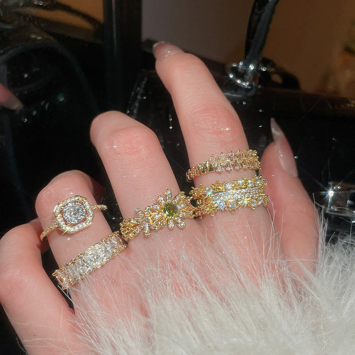 HilalHaven Dew Geometry Rhinestone Inlaid Alloy Open Ring Stack Set - image 6