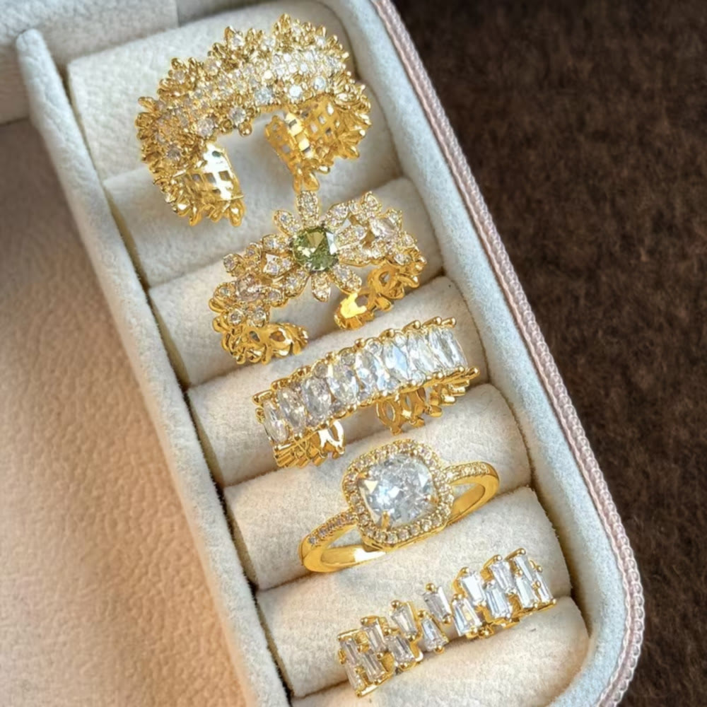 HilalHaven Dew Geometry Rhinestone Inlaid Alloy Open Ring Stack Set - image 13