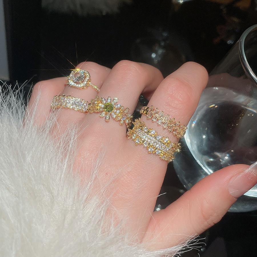 HilalHaven Dew Geometry Rhinestone Inlaid Alloy Open Ring Stack Set - image 9