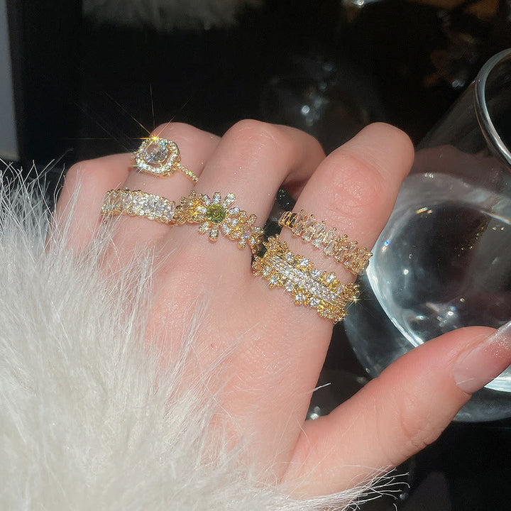 HilalHaven Dew Geometry Rhinestone Inlaid Alloy Open Ring Stack Set - image 9