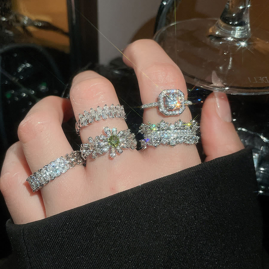 HilalHaven Dew Geometry Rhinestone Inlaid Alloy Open Ring Stack Set - image 2