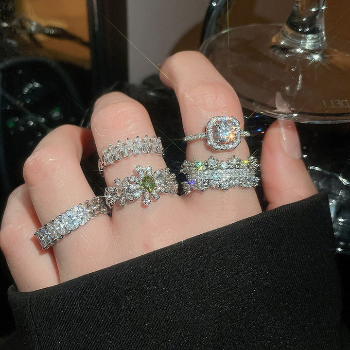 HilalHaven Dew Geometry Rhinestone Inlaid Alloy Open Ring Stack Set - image 2