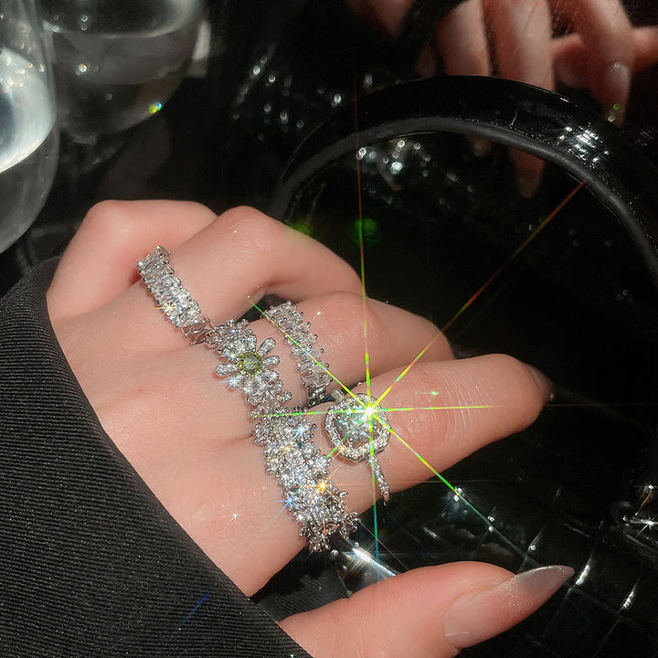HilalHaven Dew Geometry Rhinestone Inlaid Alloy Open Ring Stack Set - image 0