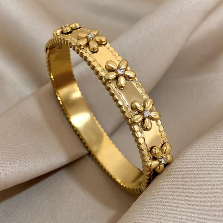 HilalHaven Daisy Edge Textured Floral Stainless Steel Open Bangle - Golden - image 2