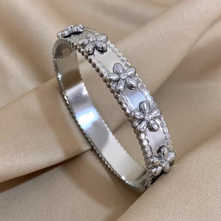 HilalHaven Daisy Edge Textured Floral Stainless Steel Open Bangle - Silver - image 5