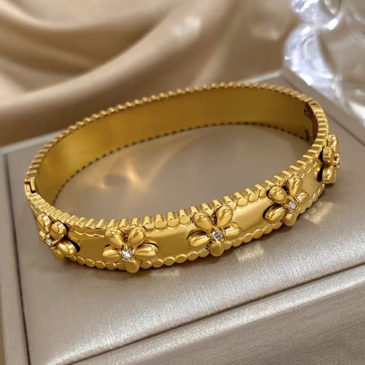 HilalHaven Daisy Edge Textured Floral Stainless Steel Open Bangle - image 4
