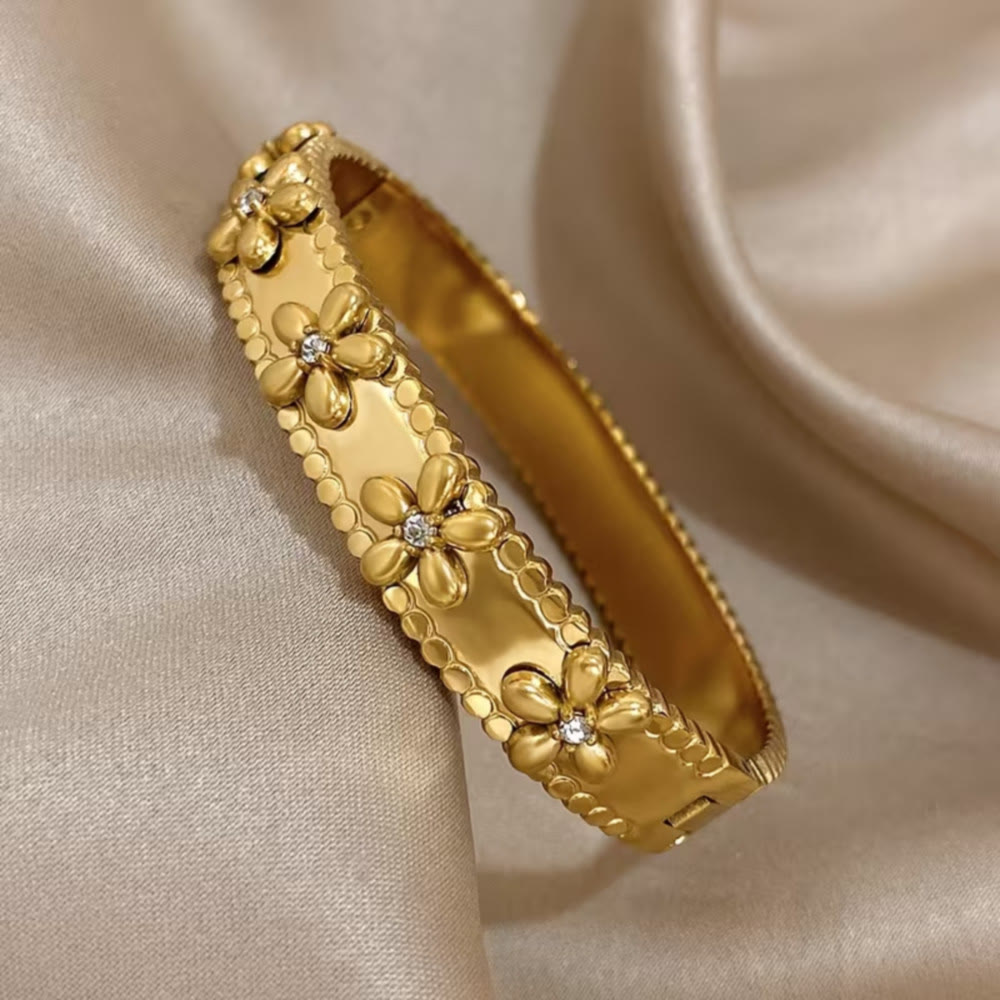 HilalHaven Daisy Edge Textured Floral Stainless Steel Open Bangle - image 3