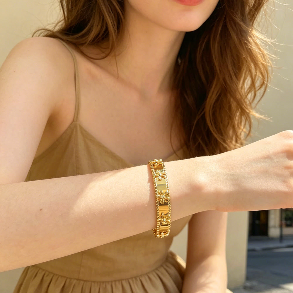 HilalHaven Daisy Edge Textured Floral Stainless Steel Open Bangle - image 1
