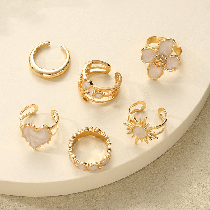 HilalHaven "Cream Petal" Enamel Floral Heart Alloy 6‑Piece Ring Set - image 6