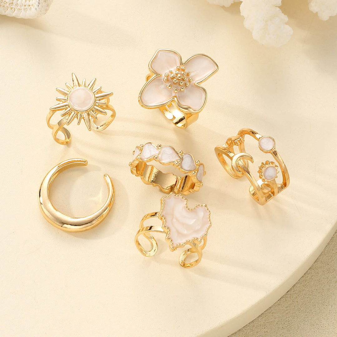 HilalHaven "Cream Petal" Enamel Floral Heart Alloy 6‑Piece Ring Set - image 3