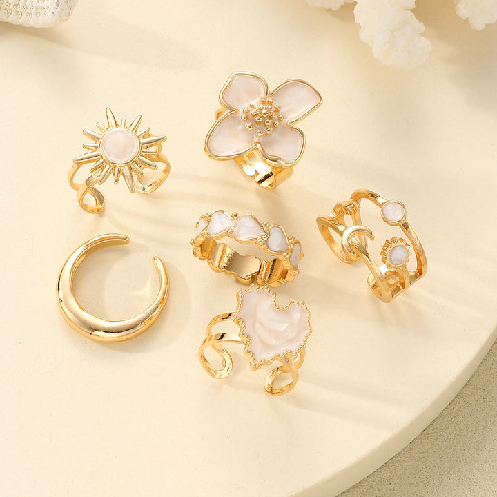 HilalHaven "Cream Petal" Enamel Floral Heart Alloy 6‑Piece Ring Set - image 3