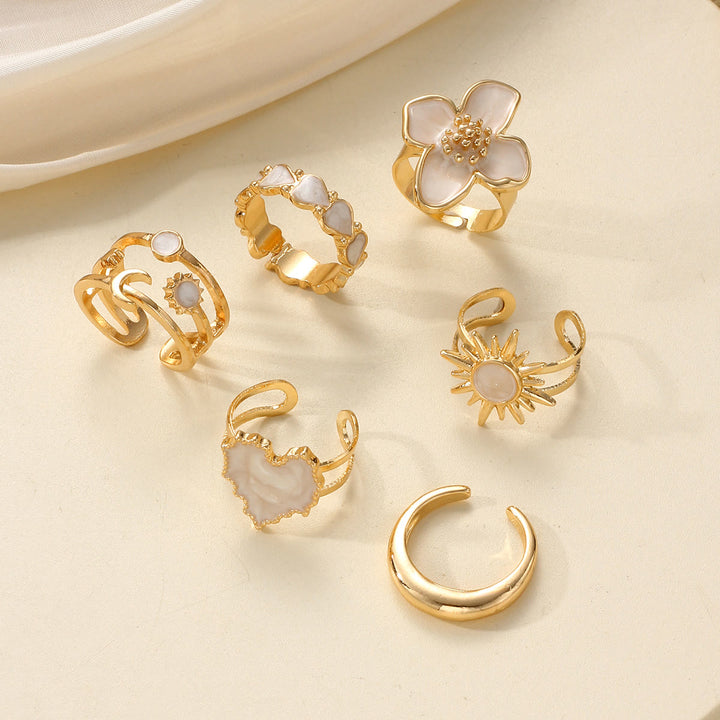 HilalHaven "Cream Petal" Enamel Floral Heart Alloy 6‑Piece Ring Set - image 5