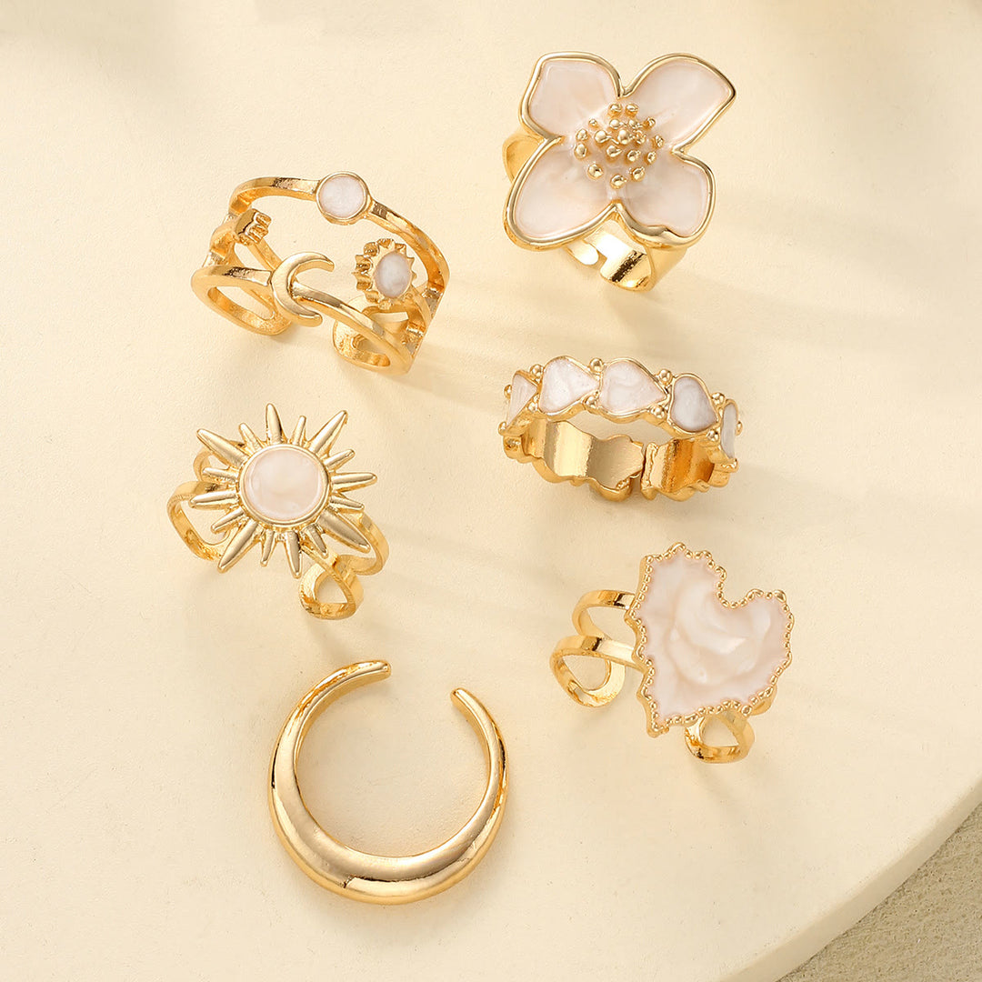 HilalHaven "Cream Petal" Enamel Floral Heart Alloy 6‑Piece Ring Set - image 4