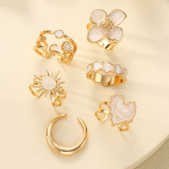 HilalHaven "Cream Petal" Enamel Floral Heart Alloy 6‑Piece Ring Set - image 4