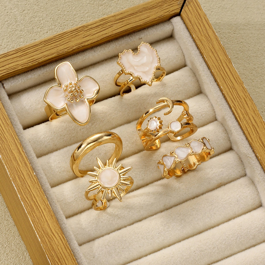 HilalHaven "Cream Petal" Enamel Floral Heart Alloy 6‑Piece Ring Set - image 2