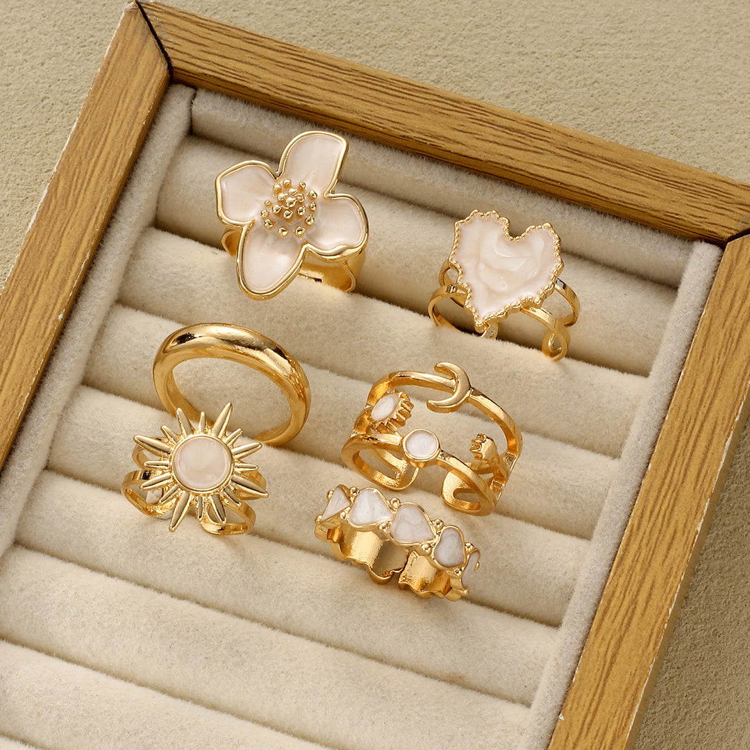 HilalHaven "Cream Petal" Enamel Floral Heart Alloy 6‑Piece Ring Set - image 7